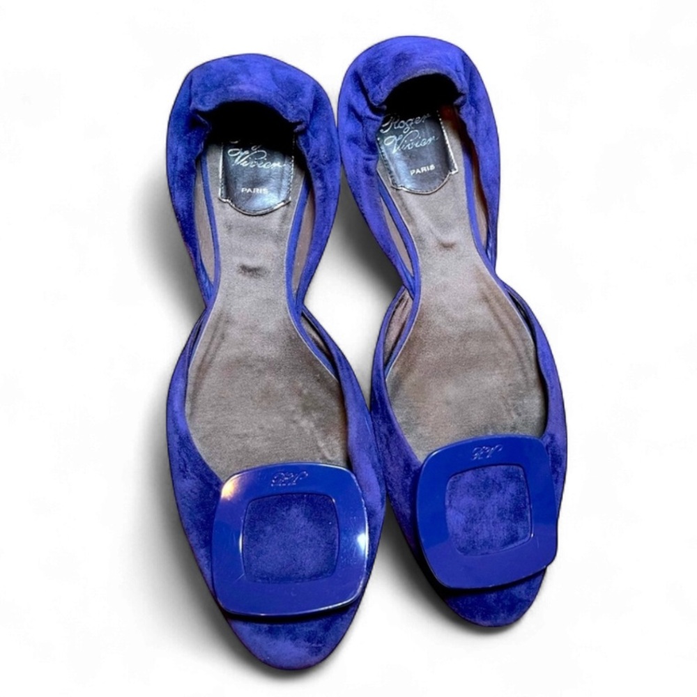 Roger Vivier Chip Buckle D'orsay Flats in Blue Suede Size 38.5